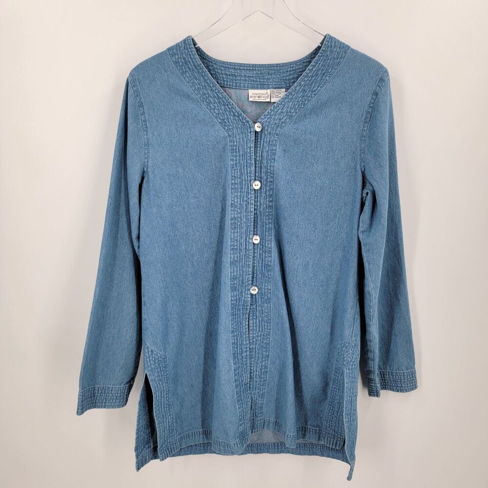 Newport News Jeanology Tunic Top Womens 12 Denim Button Up V Neck Long Sleeve